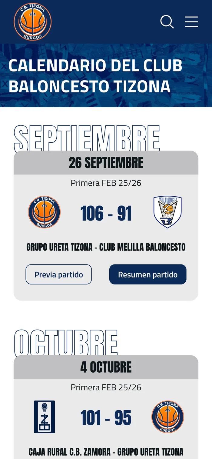 Vista del calendario de partidos de la web CB Tizona