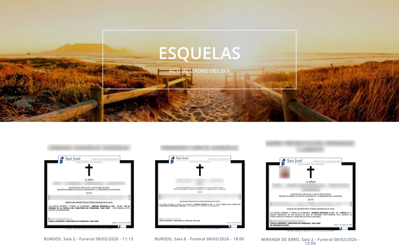 Vista de las esquelas en la web Funeraria San José