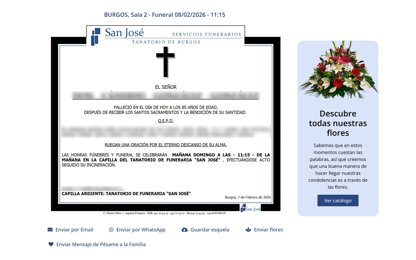 Vista de esquela del fallecido en la web Funeraria San José