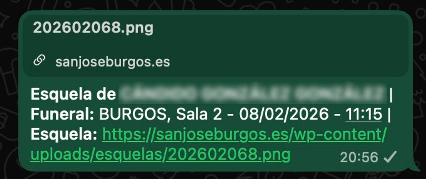 Captura de WhatsApp con los datos del fallecido y su esquela en la web Funeraria San José