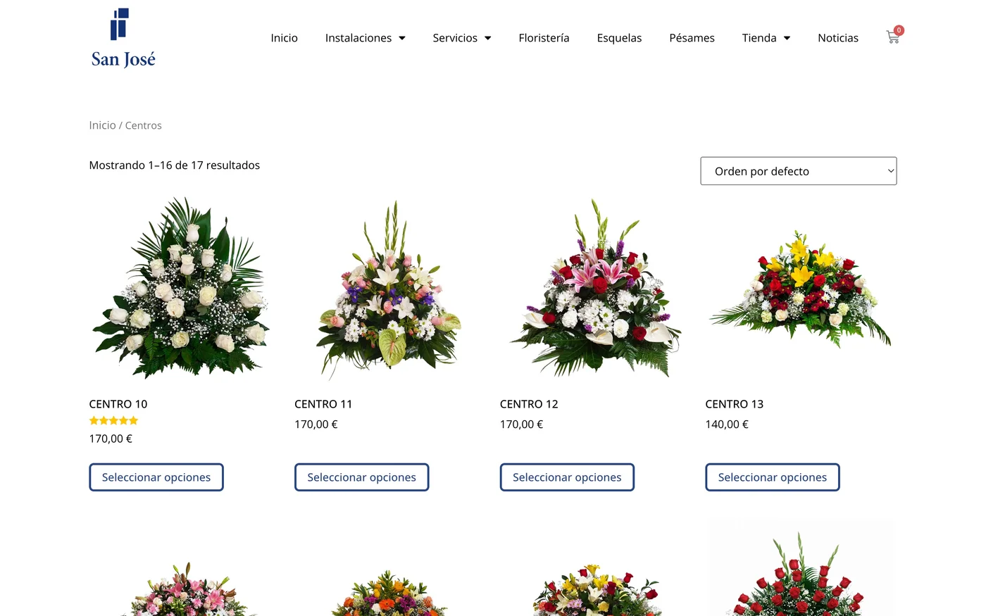 Vista de la tienda online de la web Funeraria San José