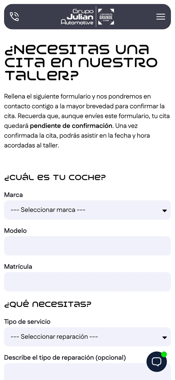 Vista de la sección de formularios de citas al taller de la web GJ Automotive