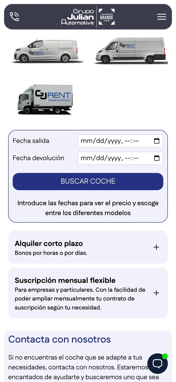 Vista de la integración de alquiler de vehículos en la web GJ Automotive