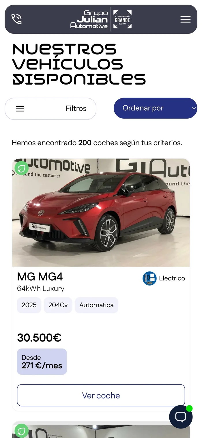 Vista de la búsqueda avanzada por características técnicas de la web GJ Automotive