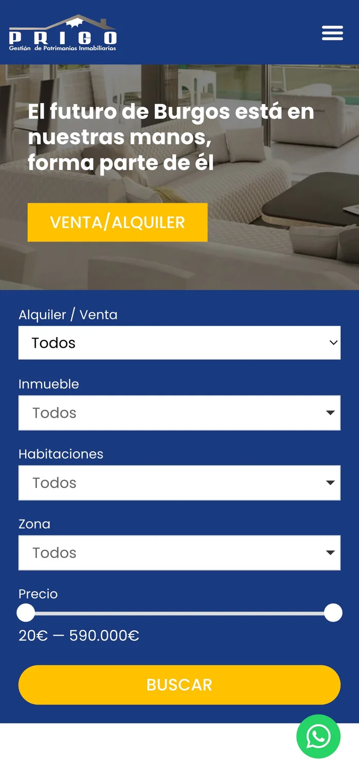 Vista de los filtros de la Home de la web Prigo Inmobiliaria