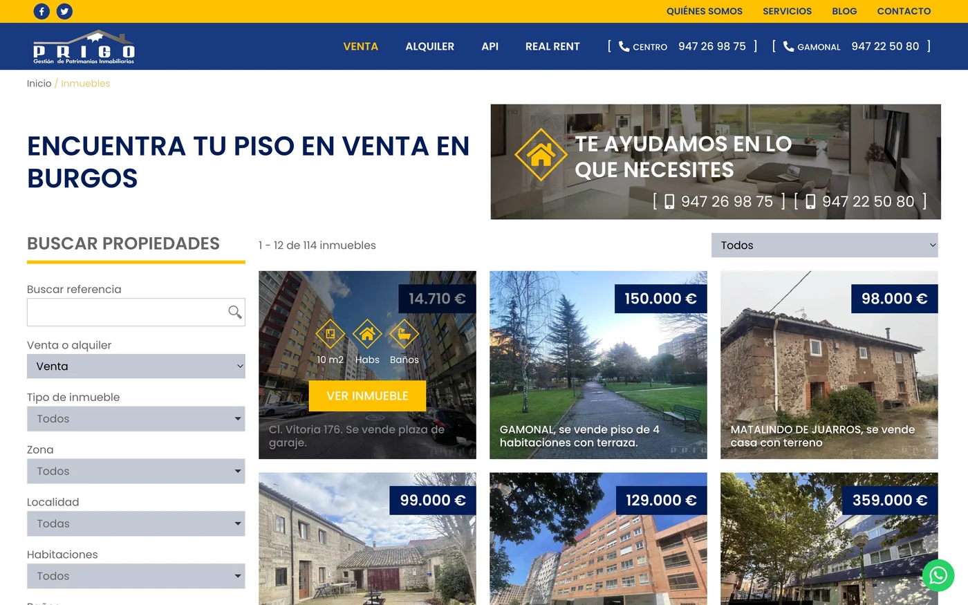 Vista de los filtros de la web Prigo Inmobiliaria