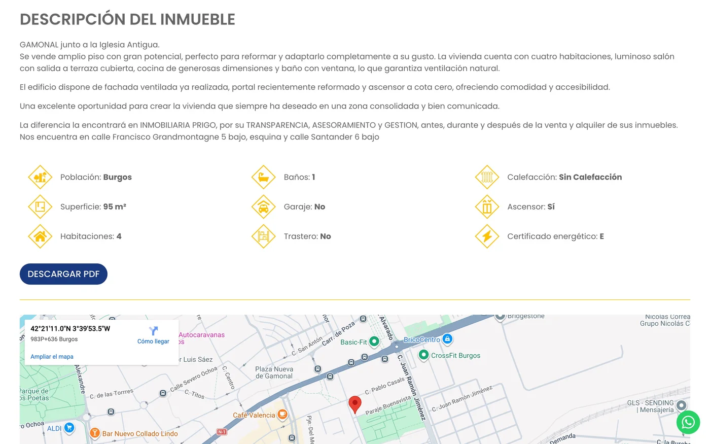 Vista de la ficha de inmueble en la web Prigo Inmobiliaria