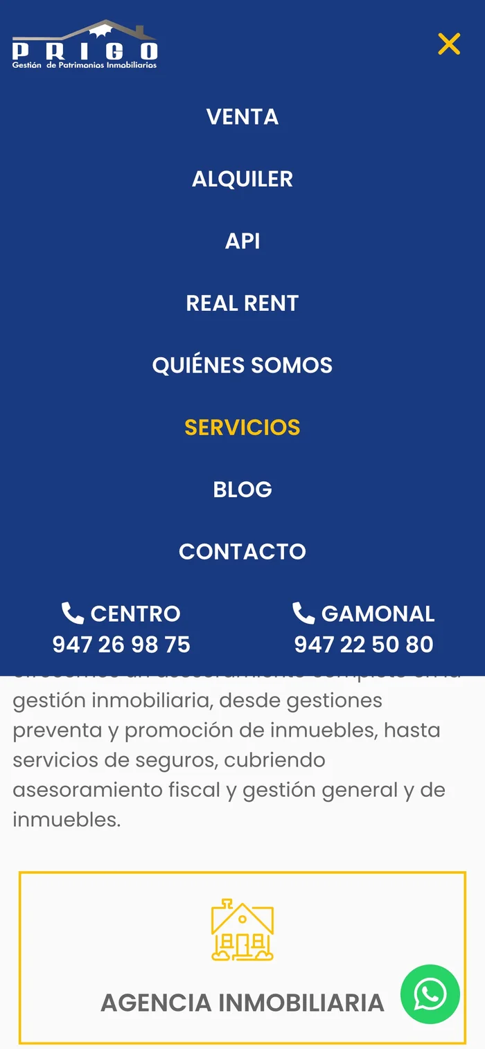 Vista del menú en móvil de la web Prigo Inmobiliaria