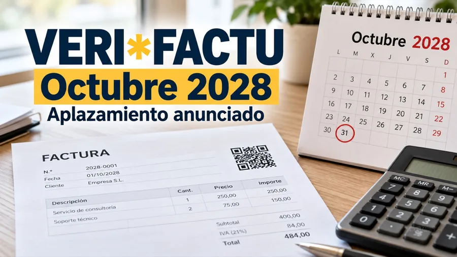 Factura y calculadora junto al texto VERI*FACTU, octubre de 2028, aplazamiento anunciado
